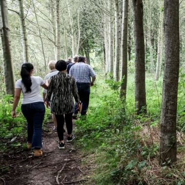 Enkele mensen lopen tussen bomenrijen. Een kleine bunker van betonblokken staat tussen de bomen.