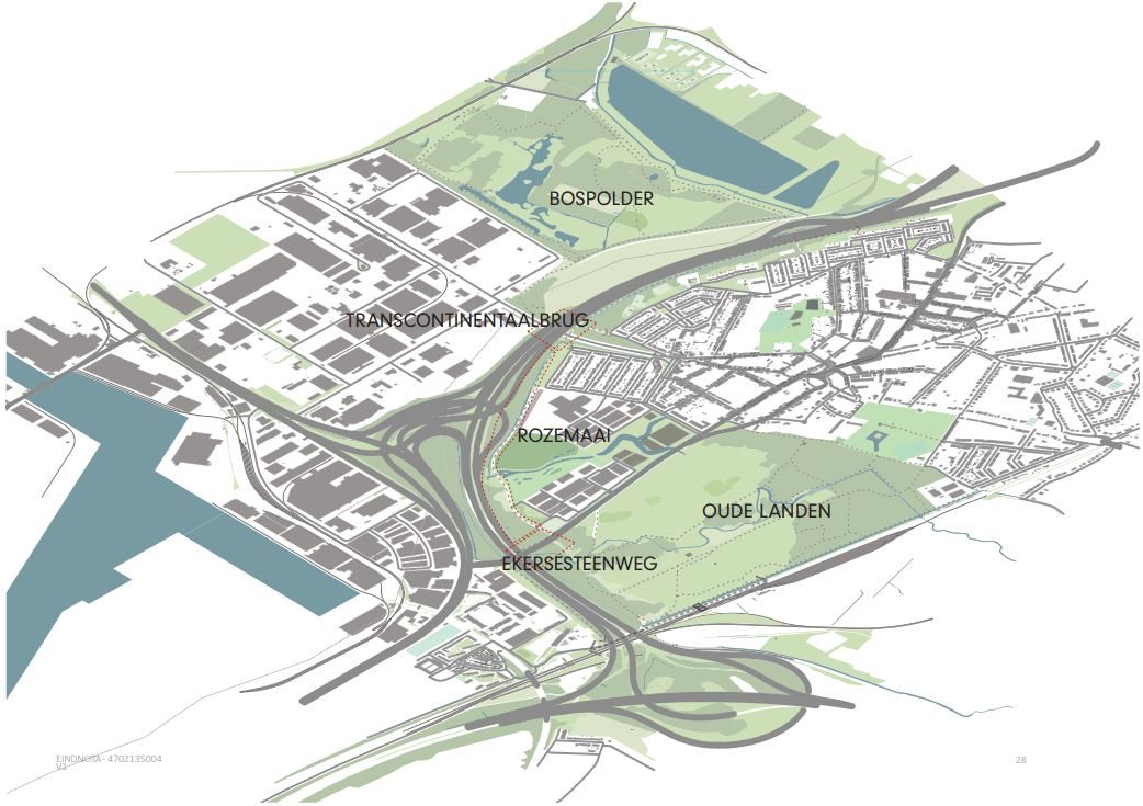 Een plattegrond toont de ligging van de natuurgebieden Bospolder en Oude Landen in Ekeren. Tussen beide gebieden in ligt de A12, de woonwijk Rozemaai en de Ekersesteenweg.