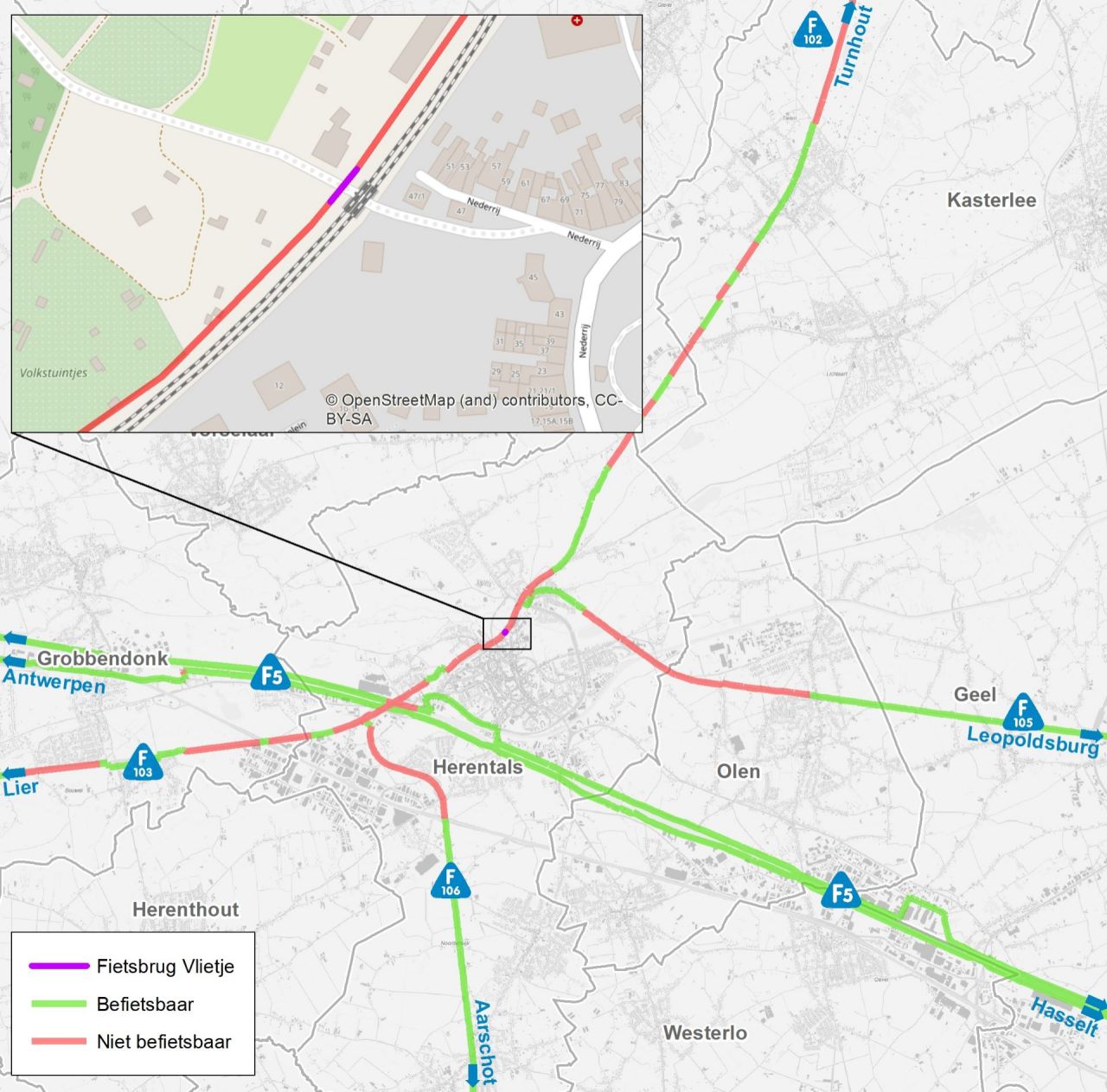 overzichtskaartje fietsbrug over 't Vlietje in Herentals