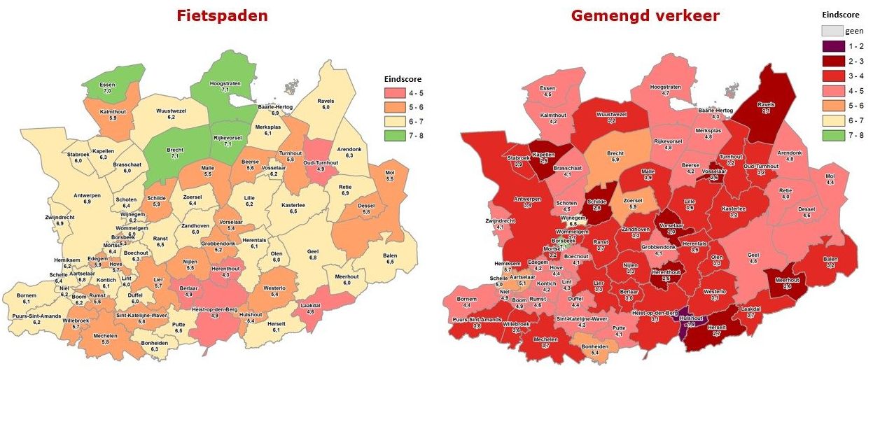 Overzichtskaartje resultaten fietspaden en gemengd verkeer