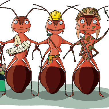Tekening van mieren in werkkledij