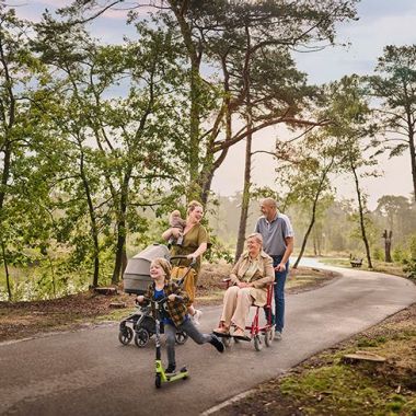 Een moeder wandelt met haar twee kinderen op een verharde ondergrond tussen de bomen aan het water. Eén van haar kinderen is nog een baby en houdt ze in haar rechterarm, terwijl ze met haar linkerarm een buggy duwt. Het oudere zoontje gaat snel vooruit op zijn step. Naast dit drietal wandelt een ouder koppel: de vrouw zit in een rolstoel, die wordt voortgeduwd door haar echtgenoot. 